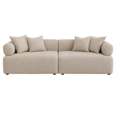 A contemporary modular sectional sofa upholstered in light beige bouclé fabric, featuring a low profile, rounded edges, and deep cushioning for a soft, inviting aesthetic. — 3D model