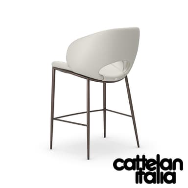 A contemporary bar stool featuring a curved, ergonomically shaped seat and backrest upholstered in light grey material, supported by a minimalist dark metal frame with integrated footrests. The backrest has a distinct cut-out detail. — 3D model