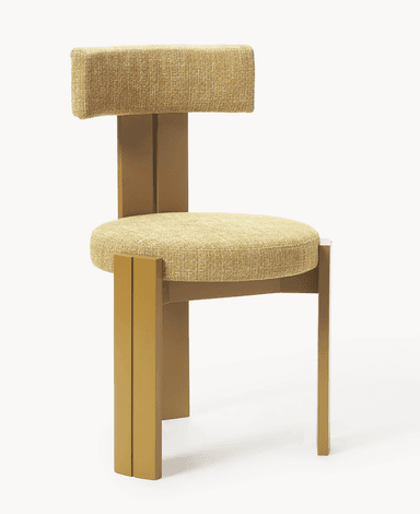 A modern dining chair with a distinct geometric design. The chair features a padded seat and a T-shaped backrest, both upholstered in a textured yellow fabric. The frame and legs are constructed from a solid material, possibly wood or metal, finished in a matte gold or brass color. The legs have a unique angular profile, with two parallel vertical elements forming each front leg. — 3D model