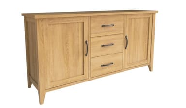 A light-colored wooden sideboard featuring two cabinet doors, one on each end, and three stacked drawers in the center. The piece rests on short, tapered block legs and is fitted with dark metal pull handles on all doors and drawers. The overall design is clean and contemporary, emphasizing natural wood grain. — 3D model