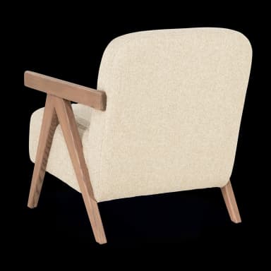 A modern armchair with a plush, textured upholstery and a distinctive wooden frame. The frame features angled legs and armrests, creating a unique visual appeal. The seat and backrest are generously padded for comfort. — 3D model