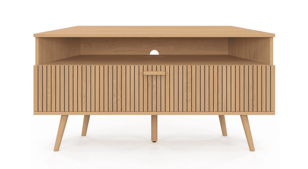 A modern, low-profile TV stand constructed from light-colored wood. It features a open shelving unit above a drawer with a slatted front. The unit is supported by four tapered legs angled outwards. — 3D model