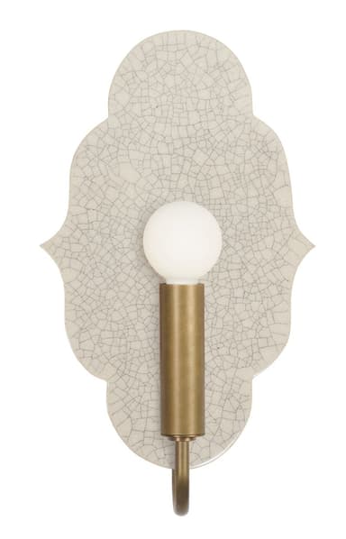 A wall-mounted light fixture featuring a decorative quatrefoil-shaped ceramic backplate with a crackled glaze finish, paired with a satin brass fixture holding a spherical opal glass bulb. The design integrates traditional and modern elements. — 3D model