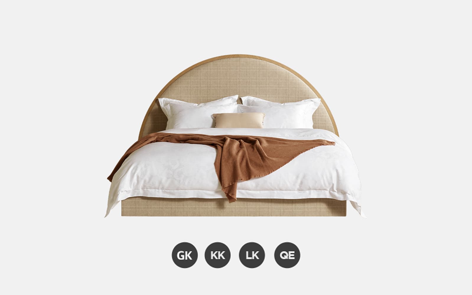 A contemporary bed featuring a distinctive arched headboard constructed with a natural wood frame and a woven cane or rattan insert. The bed base is upholstered in a neutral beige fabric, complementing the natural textures of the headboard. It is shown dressed with crisp white bedding and a warm brown throw blanket. — 3D model