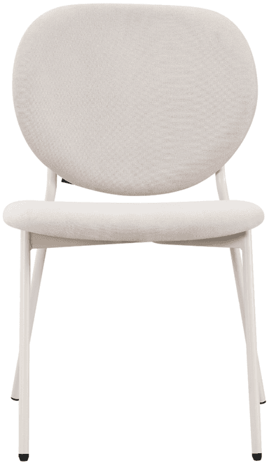 A contemporary dining chair featuring a light beige upholstered seat and a rounded backrest, supported by slender, matching beige metal legs. The design is minimalist and fluid, with no visible arms. — 3D model