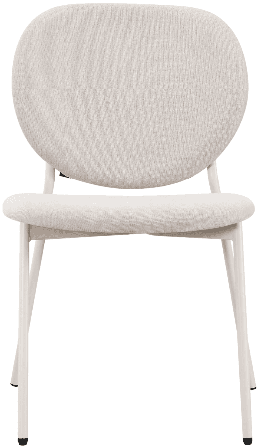 A contemporary dining chair featuring a light beige upholstered seat and a rounded backrest, supported by slender, matching beige metal legs. The design is minimalist and fluid, with no visible arms. — 3D model