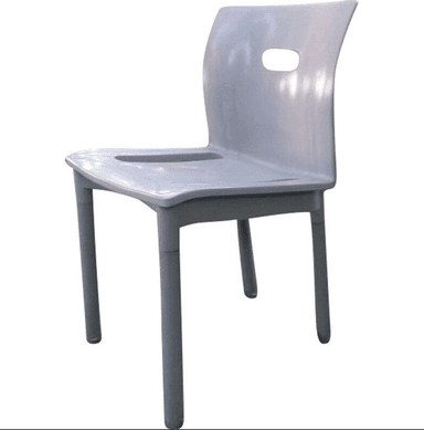 A light gray, armless chair made of molded plastic, featuring a curved backrest with a handle cutout and straight legs. — 3D model
