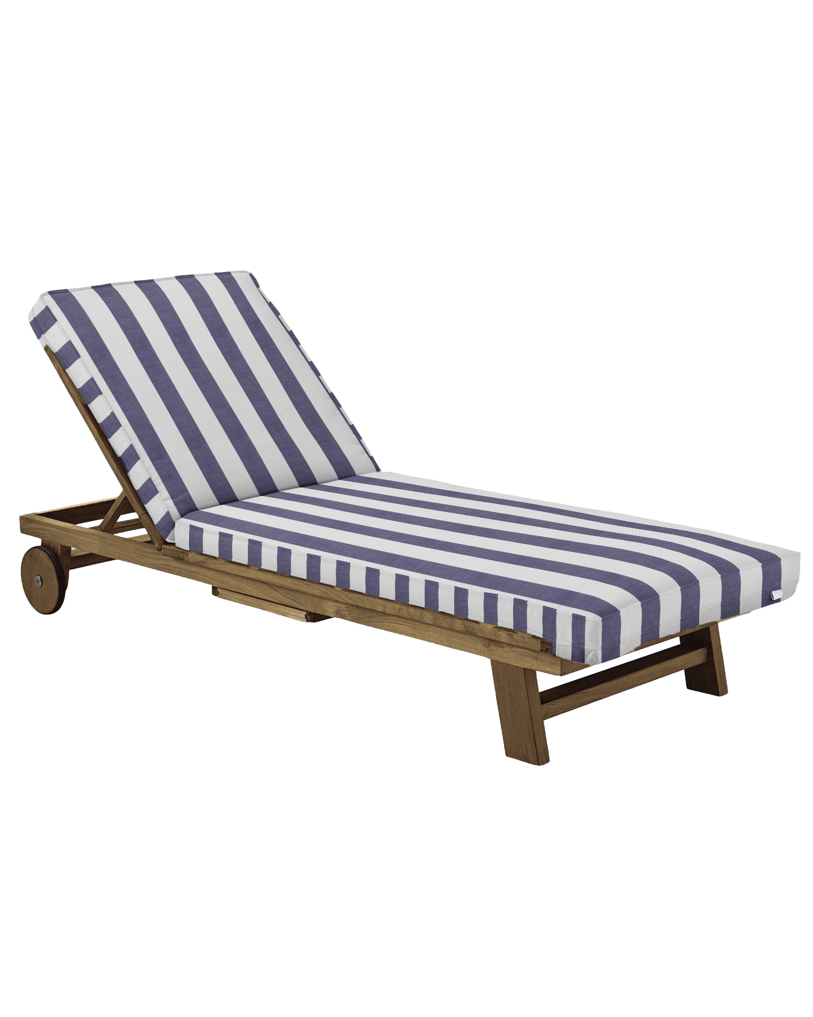 A wooden outdoor chaise lounge featuring an adjustable backrest and two integrated wheels for portability. It is topped with a thick, comfortable cushion upholstered in a navy blue and white striped fabric. The frame is constructed from natural-finished wood with a slatted design, indicating suitability for outdoor use. — 3D model
