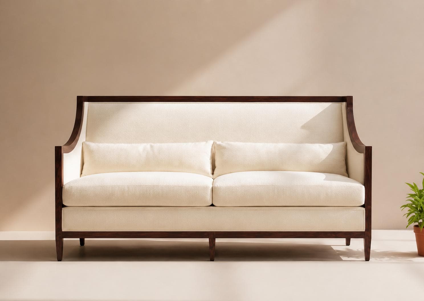 A two-seater sofa featuring a distinctive exposed dark wood frame that outlines the back and arms. The sofa is upholstered in a light cream or off-white fabric, presenting a clean and elegant appearance. It includes two plush seat cushions and two matching bolster pillows for added comfort. The back and arms rise gracefully, curving outwards slightly at the top, and the frame extends down to form four tapered legs. — 3D model