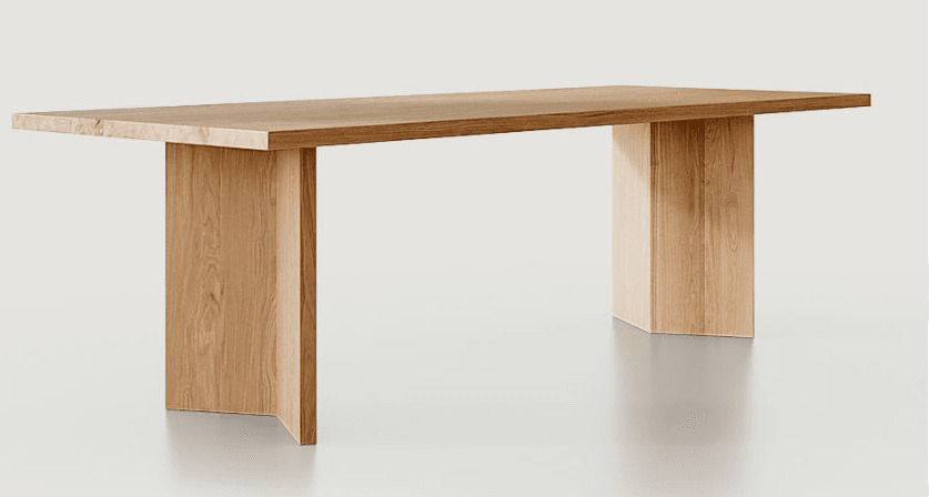 A rectangular dining table crafted from solid, light-toned oak wood, featuring a thick slab top supported by two robust, vertical panel legs. The design is minimalist and contemporary, emphasizing the natural grain of the wood. — 3D model