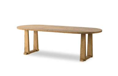 A low-profile coffee table featuring an oval-shaped top and two substantial, rectangular slab-style legs. The entire piece is constructed from solid wood, presenting a natural, light brown hue with visible grain and a somewhat rustic, possibly distressed, finish. — 3D model