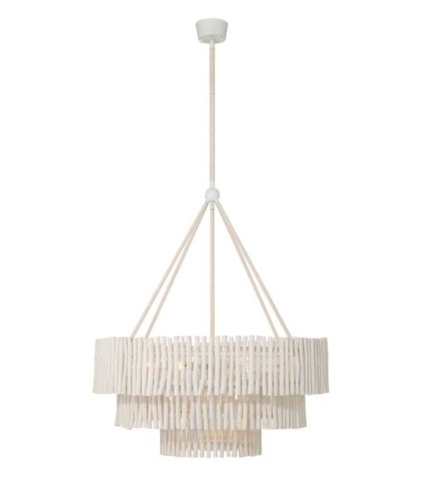 A multi-tiered chandelier featuring a natural, organic design. The fixture is constructed from numerous vertical, thin, rod-like elements that are arranged in concentric layers, creating a textured and layered effect. The overall shape is somewhat tiered or stacked. It is suspended from a central rod and canopy. — 3D model