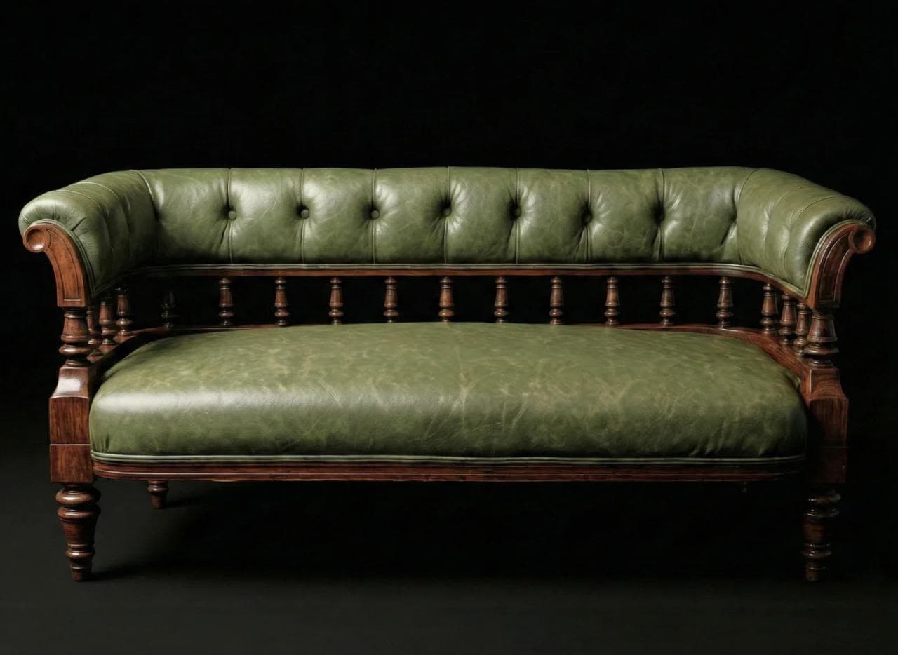 A traditional Victorian-style settee featuring dark green tufted leather upholstery and a robust dark wood frame. The design includes rolled arms, a high tufted backrest, a spindle rail detail along the lower back, and turned legs. — 3D model