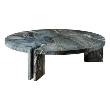 A circular side table crafted entirely from a richly veined dark stone, featuring intricate patterns of black, grey, gold, and brown. The tabletop has three radial cutouts, one of which extends downwards to form an integrated two-legged base structure, giving the piece a monolithic and sculptural appearance. — 3D model