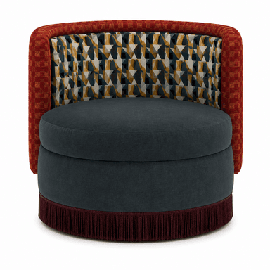 An upholstered barrel-back accent chair featuring a circular seat and a low, continuous back and armrest structure. The seat and the lower body are upholstered in a solid dark grey fabric. The exterior of the back and arms is covered in a reddish-brown textured fabric, while the interior back showcases a multi-colored geometric pattern. A decorative fringe in a matching dark reddish-brown hue encircles the base. — 3D model