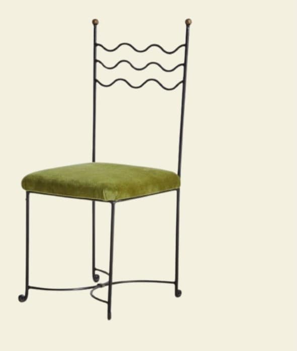 An ornate side chair featuring a black wrought iron frame, an upholstered olive green velvet seat, and a distinctive wavy backrest. The uprights of the backrest are topped with small brass sphere finials, and the base of the legs includes decorative scrolls. — 3D model