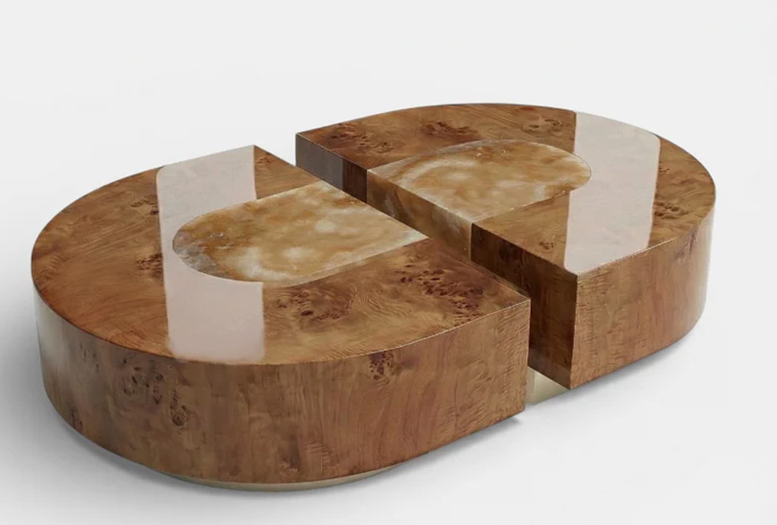 A two-piece, low-profile coffee table constructed from burl wood with a high-gloss finish, featuring a central irregular stone inlay. The two semicircular sections can be placed together to form a full circle, with a distinct gap separating them and revealing the stone inlay that spans across both parts. — 3D model