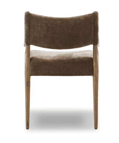 An upholstered armchair featuring a dark wooden frame and rich brown, textured fabric on the seat and backrest. The chair has integrated wooden arms and four slightly splayed, tapered legs. The backrest is gently curved, suggesting a comfortable seating experience. — 3D model