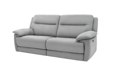 A contemporary two-seater reclining sofa upholstered in light gray faux leather. It features generously padded backrests, seats, and armrests for comfort. The reclining mechanism is controlled by a visible button on the side of each armrest, allowing individual adjustments for each seat. The sofa displays neat stitched detailing along the edges of its cushions and armrests, enhancing its modern aesthetic. — 3D model