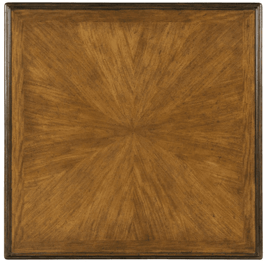 A square, two-tiered coffee table constructed from wood. The tabletop features a sunburst veneer pattern. The table has tapered legs and a lower shelf mirroring the veneer pattern of the top. The overall design suggests a classic or traditional style. — 3D model