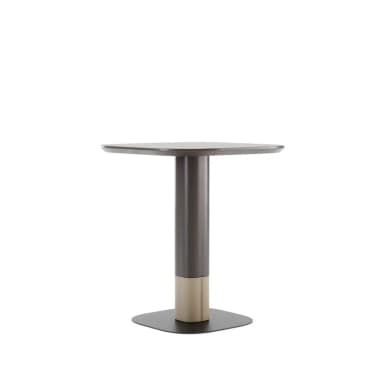 A modern side table featuring a dark wood finish on its tabletop and upper pedestal, contrasted with a lighter, textured material on the lower pedestal, all supported by a flat, dark rectangular base with rounded corners. — 3D model