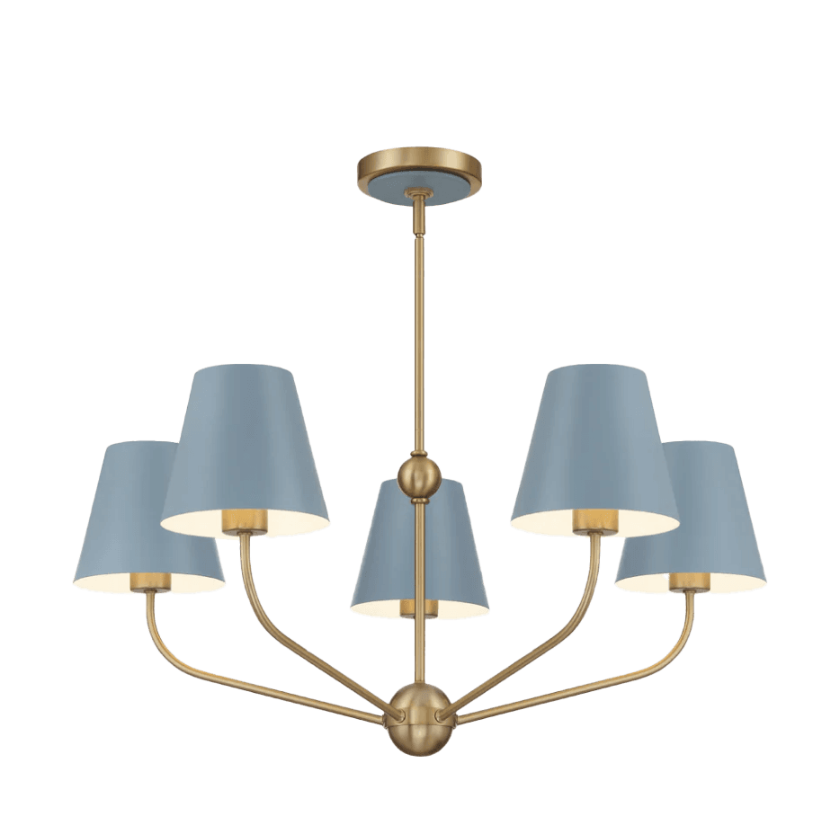 A five-light chandelier with a central stem and radiating arms, each supporting a conical lampshade. The structure is predominantly brass-toned metal, with five light blue conical lampshades. The central stem features two spherical accents. — 3D model