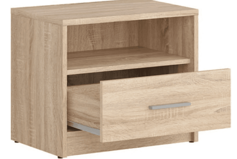 A compact, rectangular bedside table constructed from composite wood with a light oak-effect laminate finish. It features an open storage compartment above a single pull-out drawer, which is equipped with a silver-colored bar handle. The unit rests on small, dark feet. — 3D model