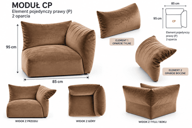 A modular corner sofa section upholstered in a rich brown, plush velvet-like fabric, characterized by a low profile, soft lines, and generous padding for a comfortable and contemporary aesthetic. — 3D model