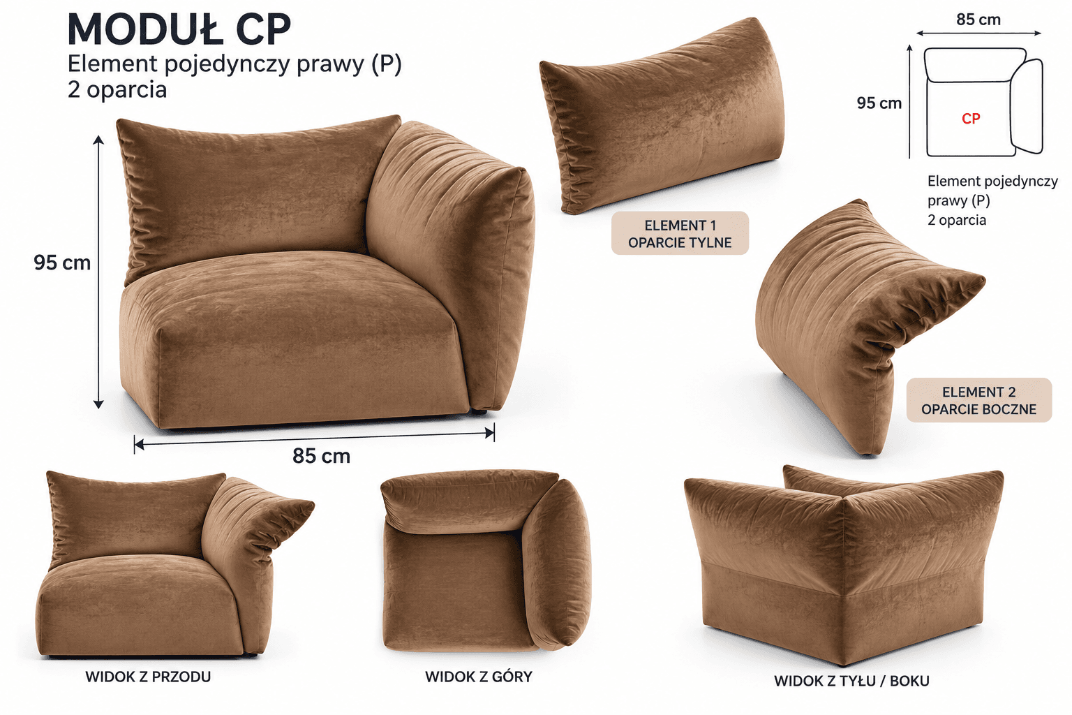 A modular corner sofa section upholstered in a rich brown, plush velvet-like fabric, characterized by a low profile, soft lines, and generous padding for a comfortable and contemporary aesthetic. — 3D model