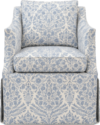 An upholstered armchair featuring a blue and off-white floral pattern, a loose seat cushion, an accent back pillow, and a skirted base. — 3D model