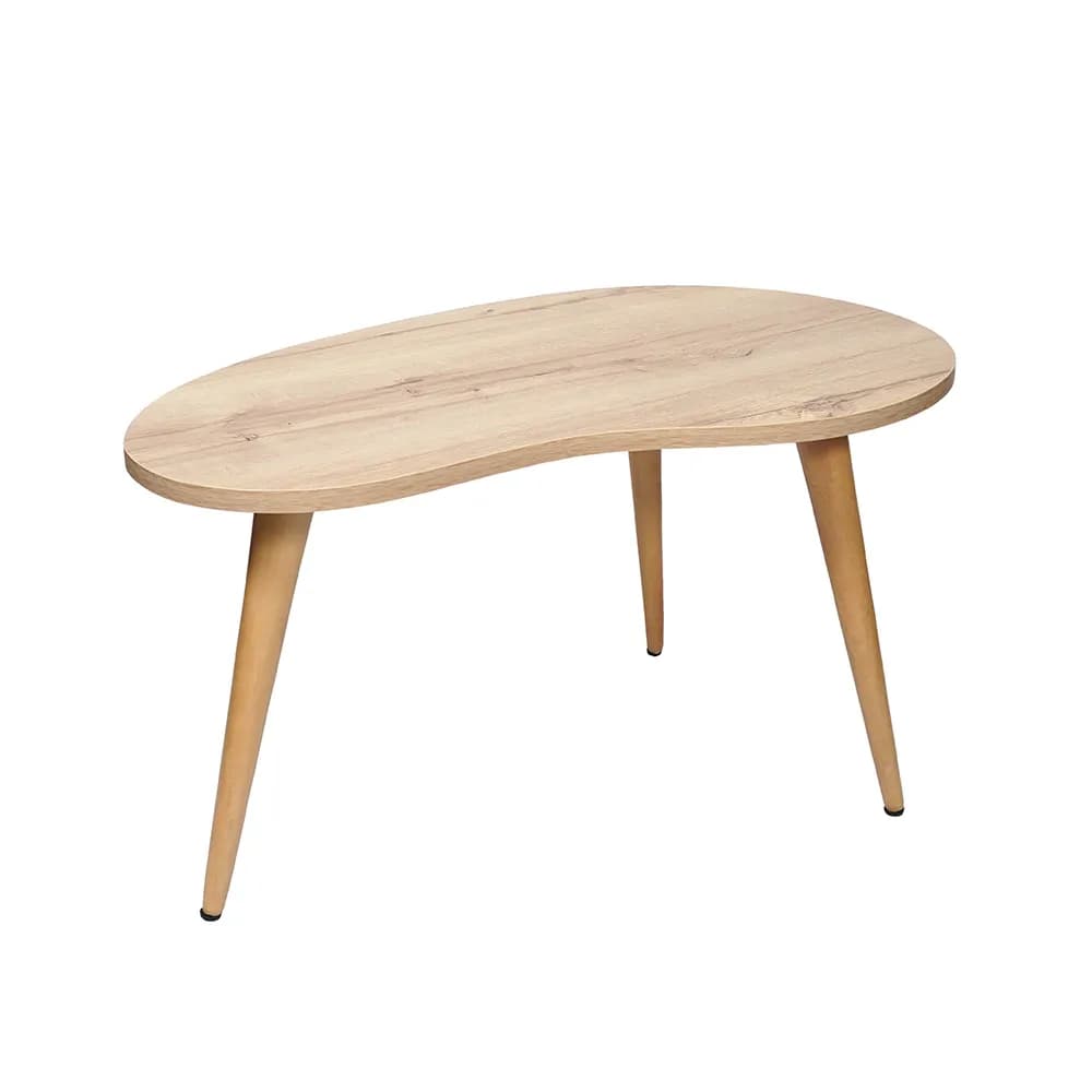 A coffee table with an organic, kidney-bean-shaped tabletop supported by three tapered wooden legs. — 3D model