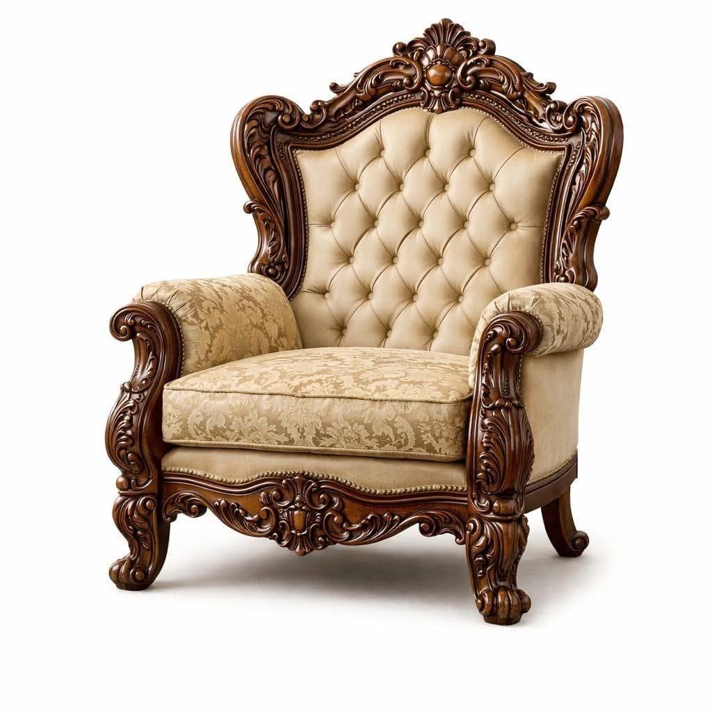 A luxuriously ornate armchair characterized by its deeply carved dark wood frame and lavish upholstery. The backrest features extensive button tufting in a light beige, smooth fabric, while the seat and armrests are upholstered in a complementary beige and gold patterned fabric. The exposed wood frame exhibits intricate scrollwork, floral motifs, and curvaceous lines typical of Baroque or Rococo revival styles, extending from the crest of the back to the splayed, carved legs. — 3D model