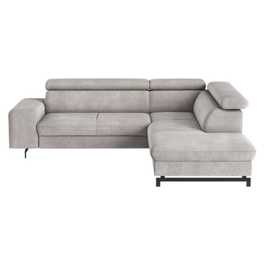 A modern L-shaped sectional sofa upholstered in a light grey textured fabric. It features a clean-lined design, adjustable headrests, and rests on sleek, low-profile black metal legs. The chaise lounge extends from the right side, offering ample seating and lounging space. — 3D model