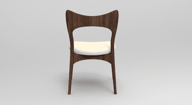 A modern dining chair featuring a dark walnut wood frame and an off-white upholstered seat, with a distinctive curved and open backrest. — 3D model