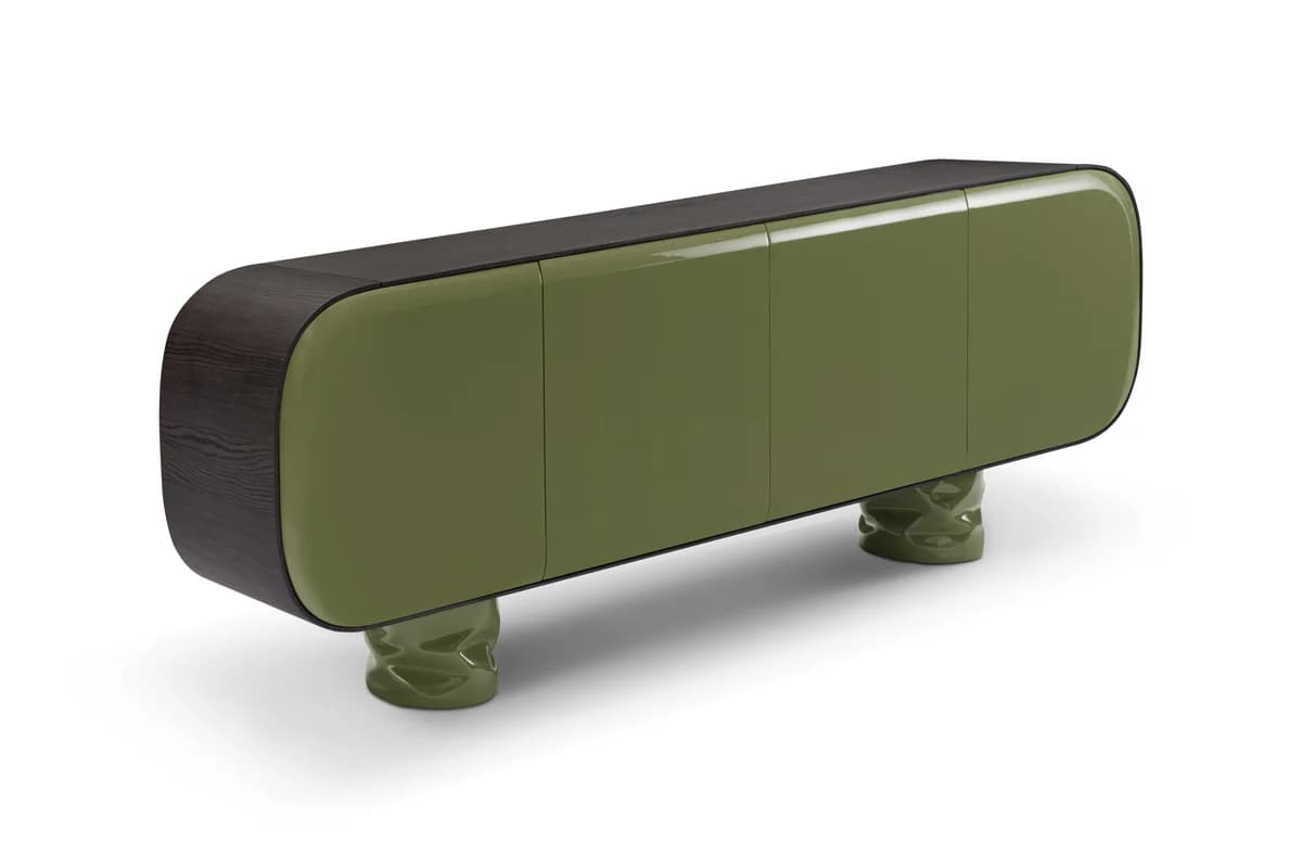 A contemporary sideboard featuring a dark wood-finished top and sides with distinct rounded ends, paired with four olive green high-gloss lacquered doors. The unit is supported by four unique, sculptural, textured legs in the same olive green lacquer. — 3D model