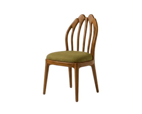 A wooden dining chair featuring a distinctive backrest composed of five shaped, curved wooden slats, culminating in a scalloped top edge. The seat is upholstered in a textured olive green fabric, providing a contrast to the warm brown wood frame. The legs are straight and slightly tapered, contributing to a stable and elegant silhouette. — 3D model