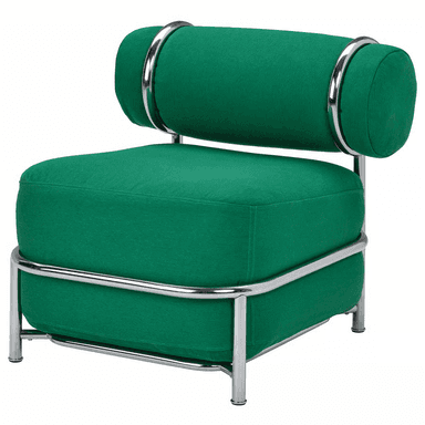 A modern armchair with a robust cylindrical backrest and a square seat. The frame is constructed from polished chrome, supporting the upholstered elements. The upholstery is a textured, vibrant green fabric. The design is characterized by clean lines and a minimalist aesthetic with tubular metal accents. — 3D model