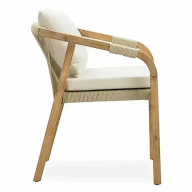 A modern armchair with a wooden frame and woven rope details on the seat and back support. It includes cushioned seating and a back pillow, both in a neutral off-white color. The wooden frame has a natural, light brown finish. — 3D model