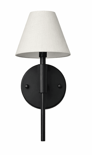 A wall-mounted lighting fixture featuring a conical fabric shade and a matte black metal frame, designed for ambient or task illumination. — 3D model