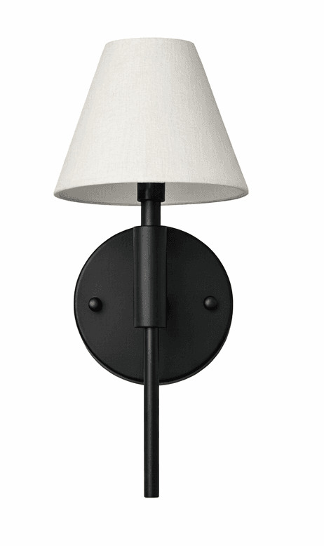 A wall-mounted lighting fixture featuring a conical fabric shade and a matte black metal frame, designed for ambient or task illumination. — 3D model