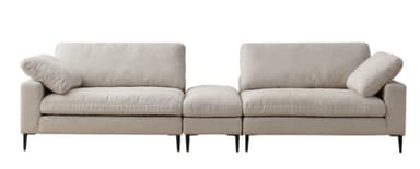 A light beige, contemporary modular sectional sofa composed of three units (two armrests and one armless) with loose back cushions and tapered black legs, set against a white background. — 3D model