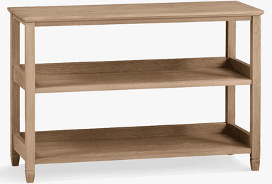 A light-colored wooden console table featuring a rectangular top surface and two additional lower shelves, supported by four straight legs with subtle tapering at the base. The wood displays a visible grain pattern, indicating a natural or light-stained finish. — 3D model