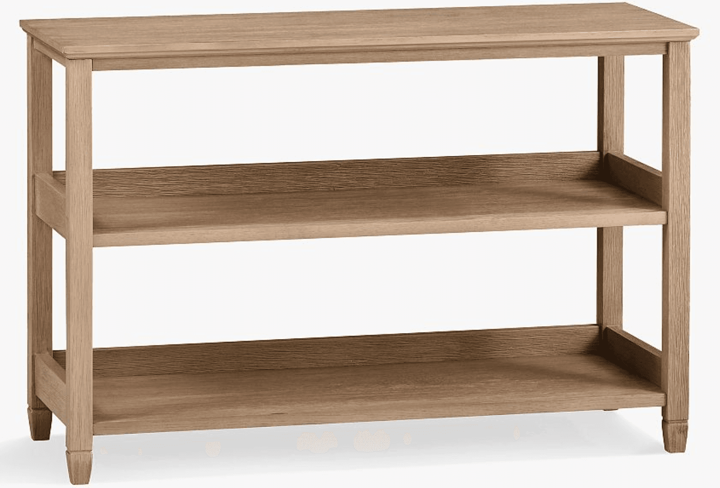 A light-colored wooden console table featuring a rectangular top surface and two additional lower shelves, supported by four straight legs with subtle tapering at the base. The wood displays a visible grain pattern, indicating a natural or light-stained finish. — 3D model
