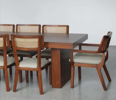 A modern, rectangular table with a dark wood finish and a sturdy pedestal base design, rendered on a white background. — 3D model