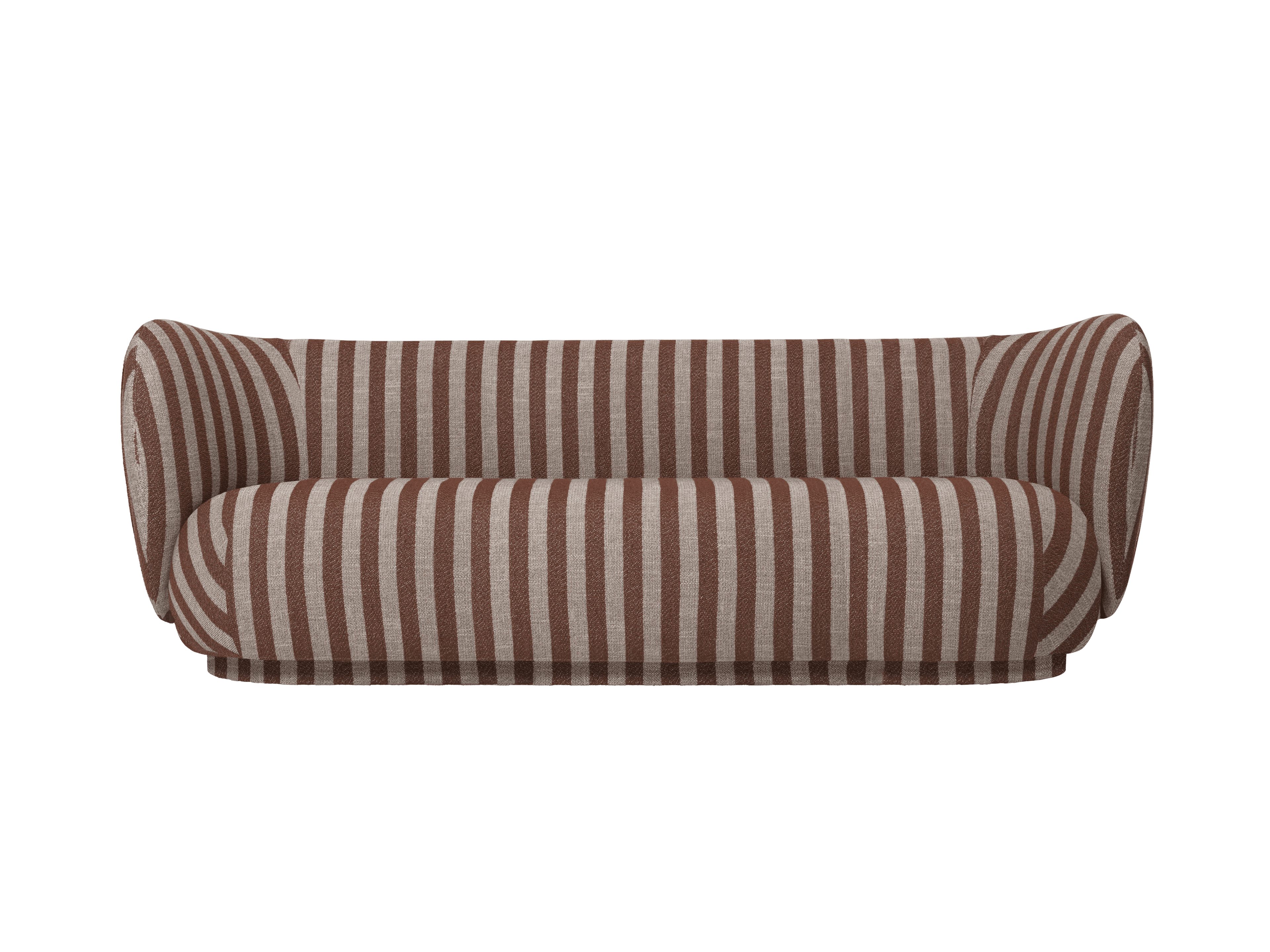 An upholstered loveseat featuring a brown and beige vertical striped fabric. It has a gently curved back and armrests that seamlessly flow from the back, creating a soft, inviting silhouette. The seat cushion appears integrated, and the base is a continuous upholstered skirt. — 3D model