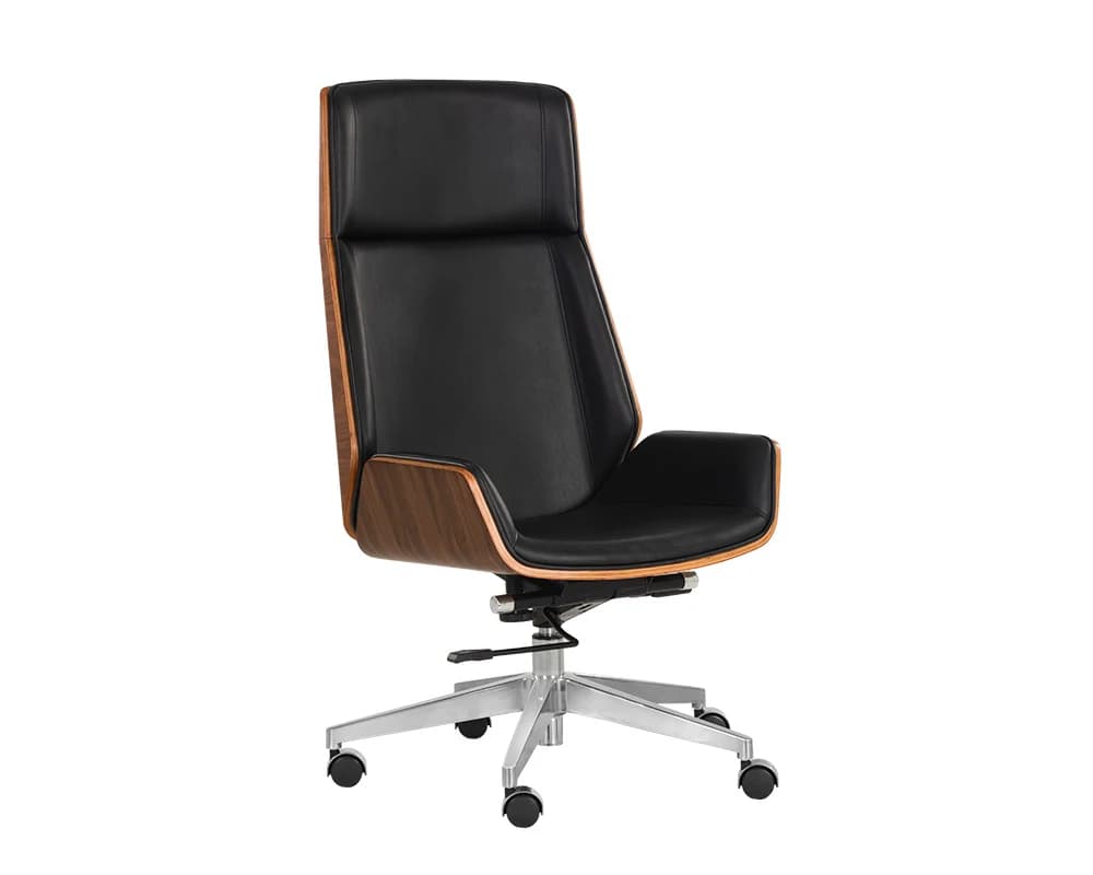 A high-back executive office chair featuring a bentwood shell with a dark wood veneer, upholstered in black material, likely leather or faux leather. The chair sits on a polished five-star metal base with casters. — 3D model
