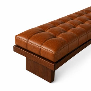 A long, rectangular bench featuring a tufted brown leather cushion set atop a sturdy dark wood base with block legs. — 3D model