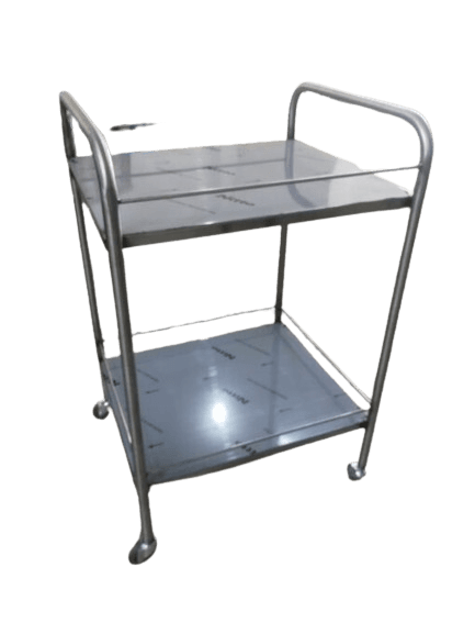 A two-tier utility cart constructed from polished stainless steel, featuring a tubular frame with integrated handles on two sides and four swivel casters for mobility. Each shelf has a raised edge to prevent items from falling off. The design is utilitarian and robust. — 3D model