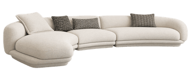 A large, contemporary sectional sofa upholstered in light beige bouclé fabric. The sofa features a curvilinear design with rounded edges and is composed of multiple modules, including an extended chaise-like section on the left. It comes with several decorative throw pillows in muted tones and geometric patterns. — 3D model