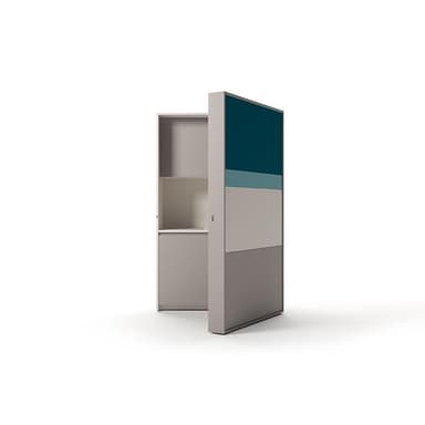 A freestanding, rectangular cabinet with a dark gray, textured concrete-look exterior featuring an embossed geometric pattern. The cabinet opens to reveal a fully integrated compact kitchen and bar area, complete with wooden cabinetry, a sink, a stovetop, a microwave, and shelving designed for glassware and bottles. — 3D model